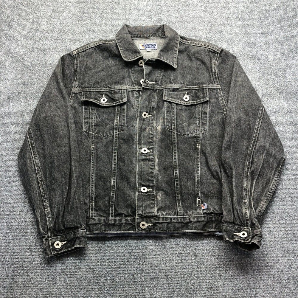 Guess Jeans Denim Trucker Jacket Faded Black Wash Size 16/18 Vintage Style
